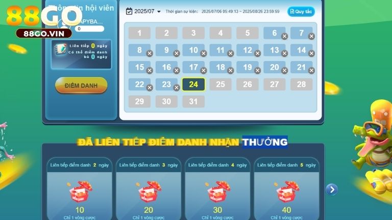 Anh em điểm danh mỗi ngày có cơ hội nhận nhiều thưởng lớn từ 88Go