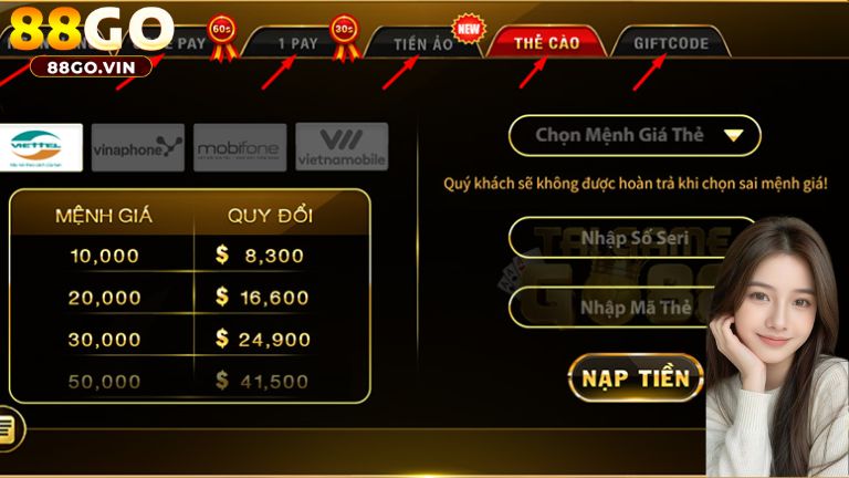 Hướng dẫn nhanh cách nạp tiền tại 88GO